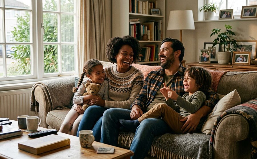 Família reunida e sorrindo no sofá da sala