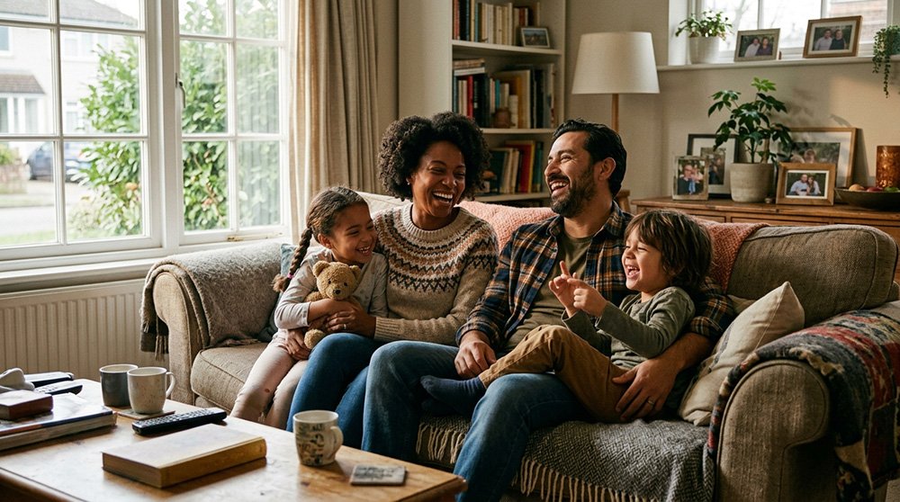 Família reunida e sorrindo no sofá da sala
