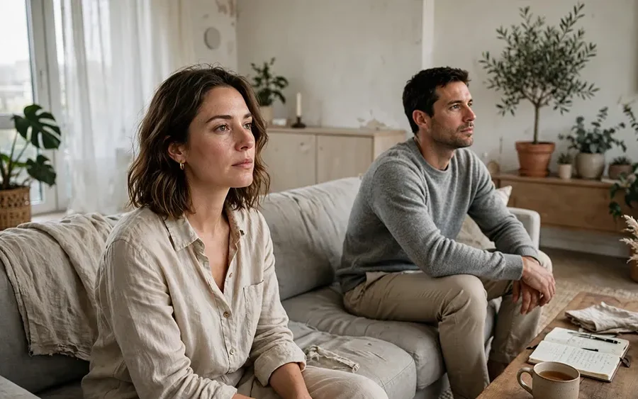 Casal reflexivo sentado em um sofá moderno, iluminados por luz natural suave, simbolizando a necessidade de conversa e regras de relacionamento.