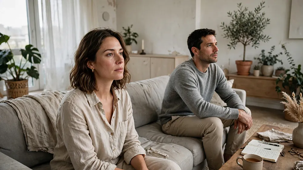 Casal reflexivo sentado em um sofá moderno, iluminados por luz natural suave, simbolizando a necessidade de conversa e regras de relacionamento.
