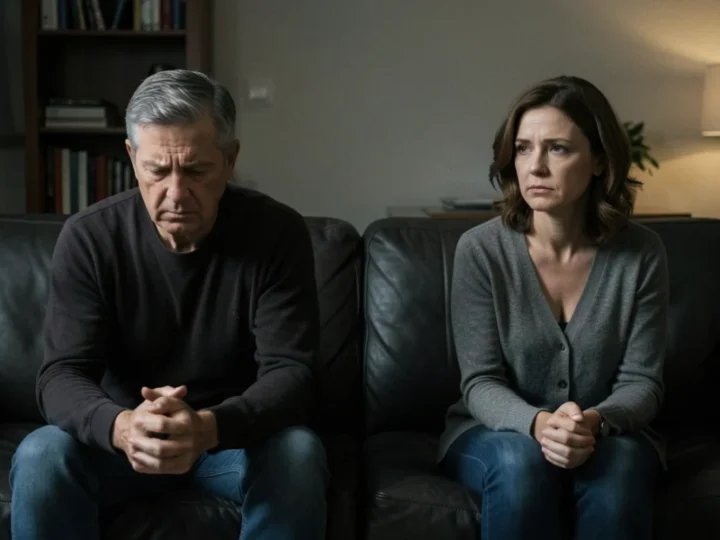 Casal sentado em extremidades opostas de um sofá, demonstrando distanciamento emocional em uma sala de estar mal iluminada.