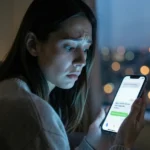 Mulher jovem olhando o celular com expressão de dúvida em ambiente mal iluminado.