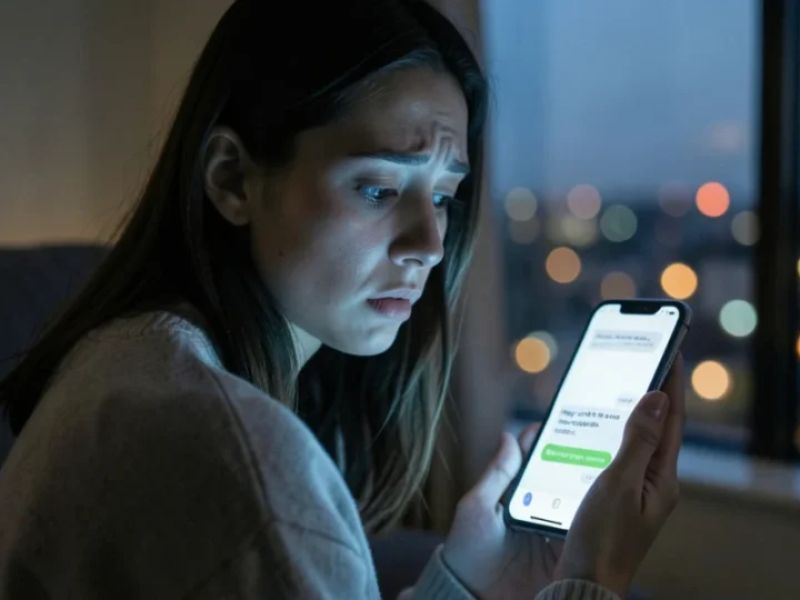 Mulher jovem olhando o celular com expressão de dúvida em ambiente mal iluminado.