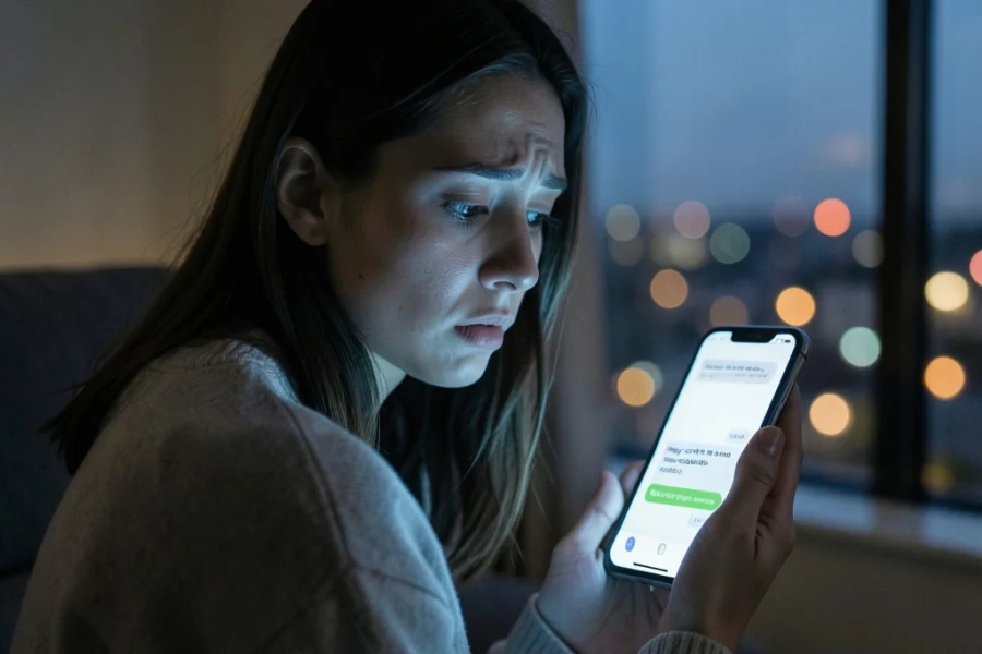 Mulher jovem olhando o celular com expressão de dúvida em ambiente mal iluminado.