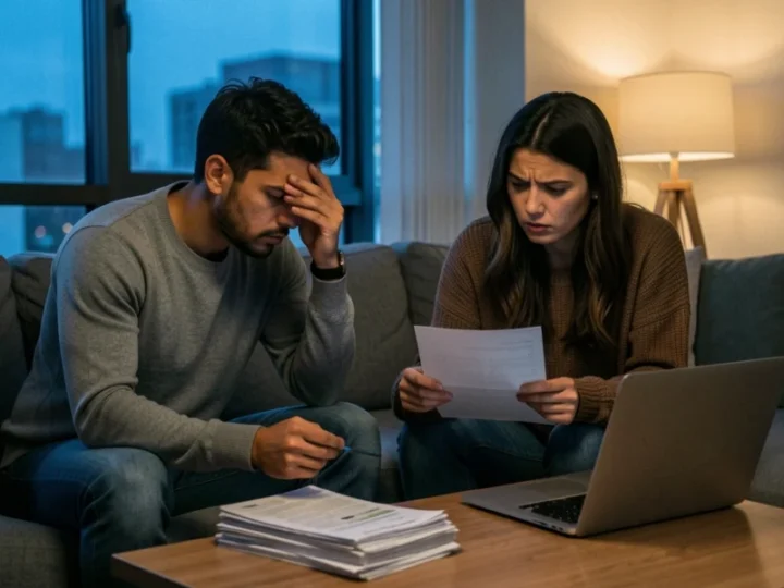 Casal jovem em um apartamento urbano demonstrando tensão emocional ao lidar com documentos financeiros sobre a mesa.