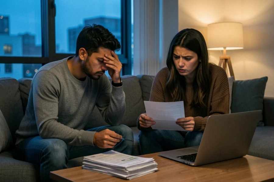 Casal jovem em um apartamento urbano demonstrando tensão emocional ao lidar com documentos financeiros sobre a mesa.