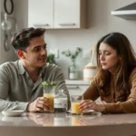 Casal de classe média em uma cozinha, sentados à mesa, mas visivelmente distantes emocionalmente.