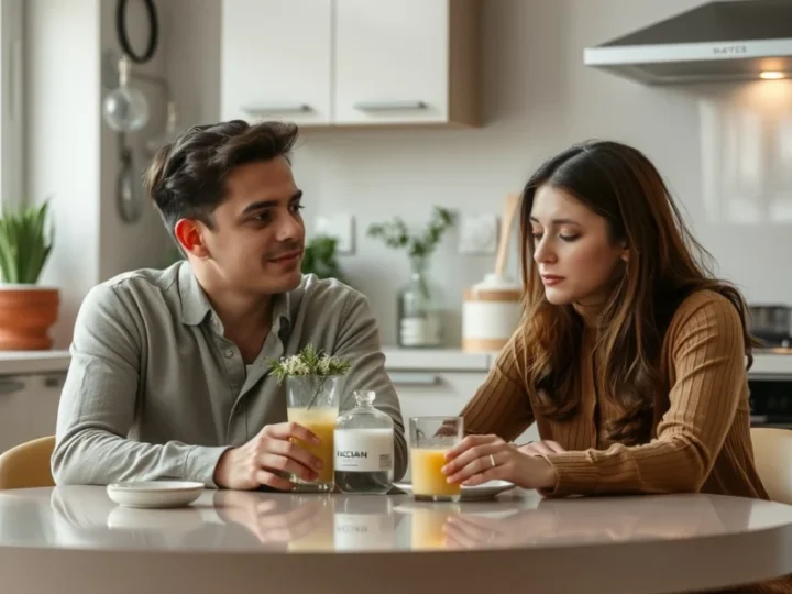 Casal de classe média em uma cozinha, sentados à mesa, mas visivelmente distantes emocionalmente.