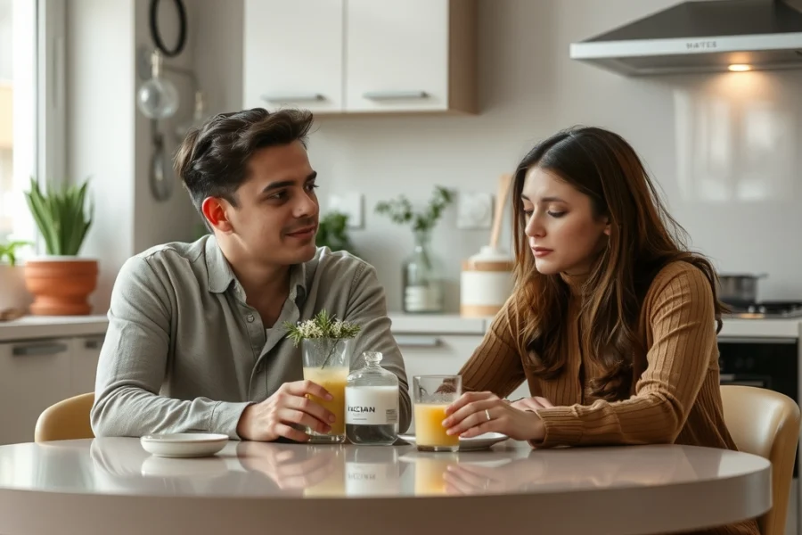 Casal de classe média em uma cozinha, sentados à mesa, mas visivelmente distantes emocionalmente.