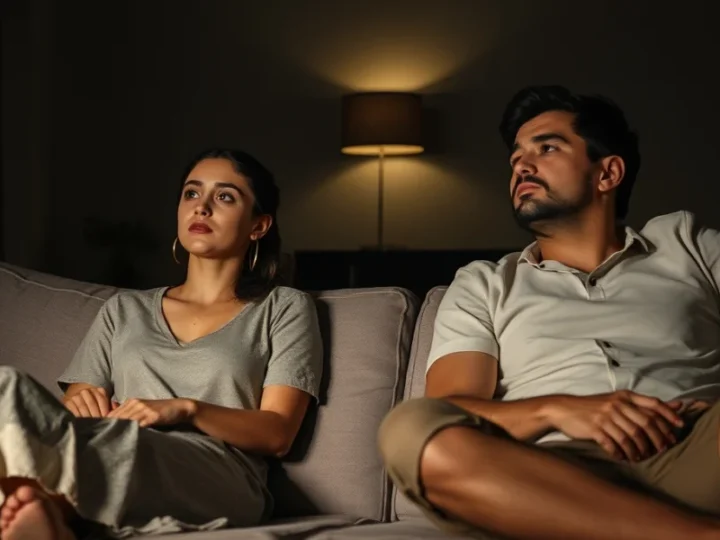 Casal de classe média sentado em extremidades opostas de um sofá, demonstrando distanciamento emocional e tensão.