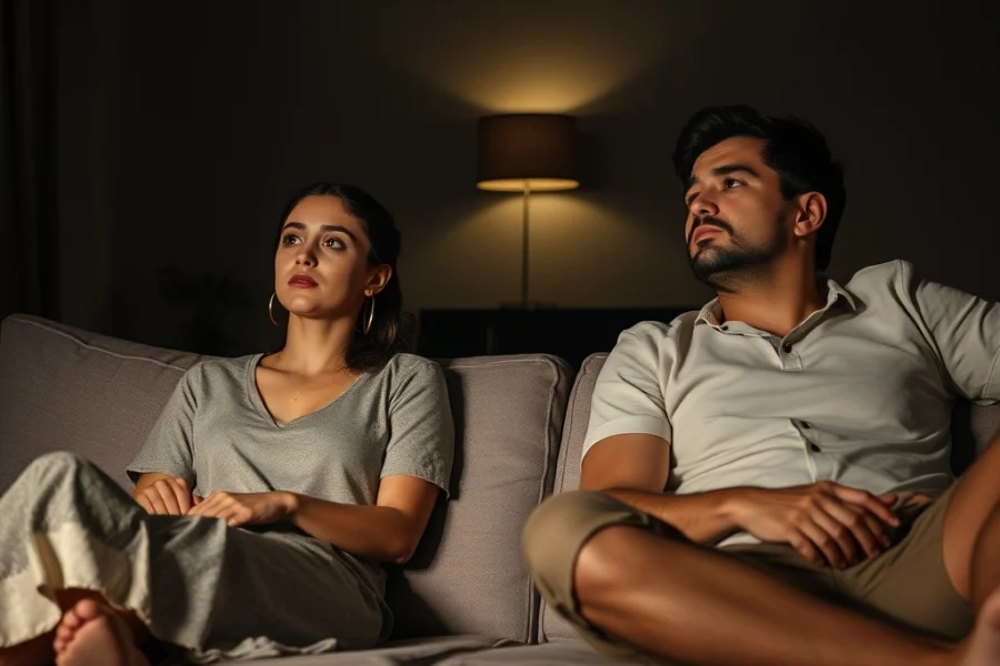 Casal de classe média sentado em extremidades opostas de um sofá, demonstrando distanciamento emocional e tensão.