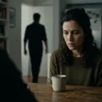 Mulher jovem expressando choque silencioso em uma mesa de jantar com iluminação dramática.