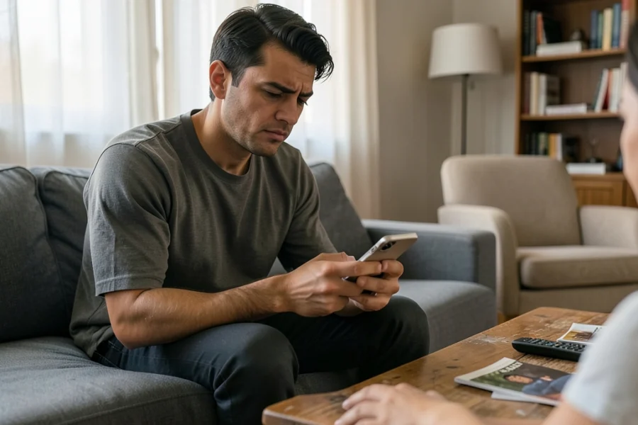 Homem expressando arrependimento enquanto segura um celular em um ambiente doméstico.