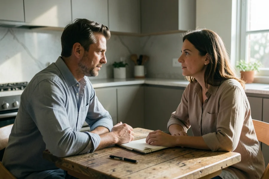 Casal conversando seriamente ao redor de uma mesa de cozinha com um caderno.