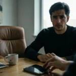 Homem de 30 anos com expressão de desconfiança em um escritório moderno, observando sutilmente o movimento de uma mulher.