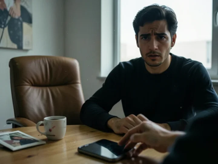 Homem de 30 anos com expressão de desconfiança em um escritório moderno, observando sutilmente o movimento de uma mulher.
