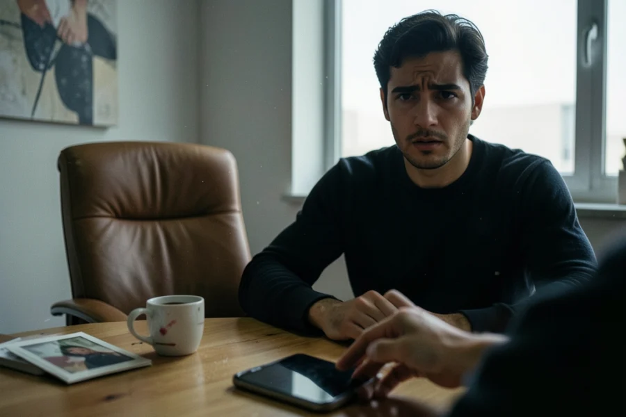 Homem de 30 anos com expressão de desconfiança em um escritório moderno, observando sutilmente o movimento de uma mulher.
