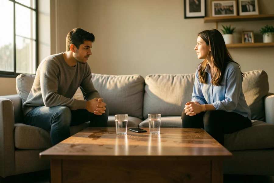 Casal em uma conversa séria e calma em uma sala de estar, com um celular virado para baixo na mesa.