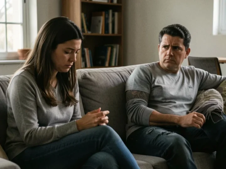 Casal de classe média sentado em um sofá, demonstrando distanciamento emocional e silêncio.
