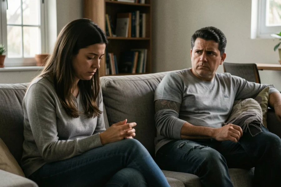 Casal de classe média sentado em um sofá, demonstrando distanciamento emocional e silêncio.