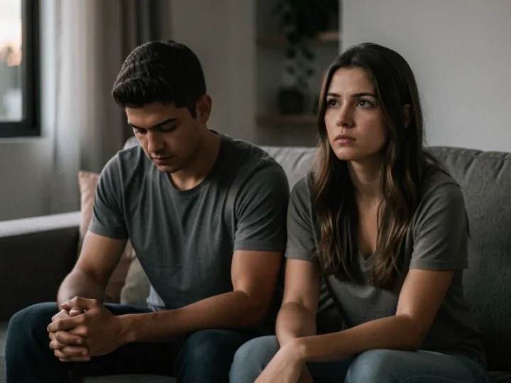 Casal jovem sentado no sofá com expressão de distanciamento emocional e reflexão.