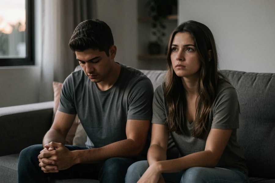 Casal jovem sentado no sofá com expressão de distanciamento emocional e reflexão.