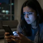Mulher jovem sentada no escuro com o rosto iluminado pela luz do celular, expressando ansiedade.