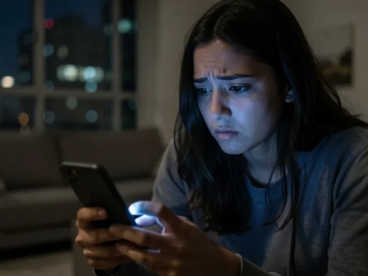 Mulher jovem sentada no escuro com o rosto iluminado pela luz do celular, expressando ansiedade.