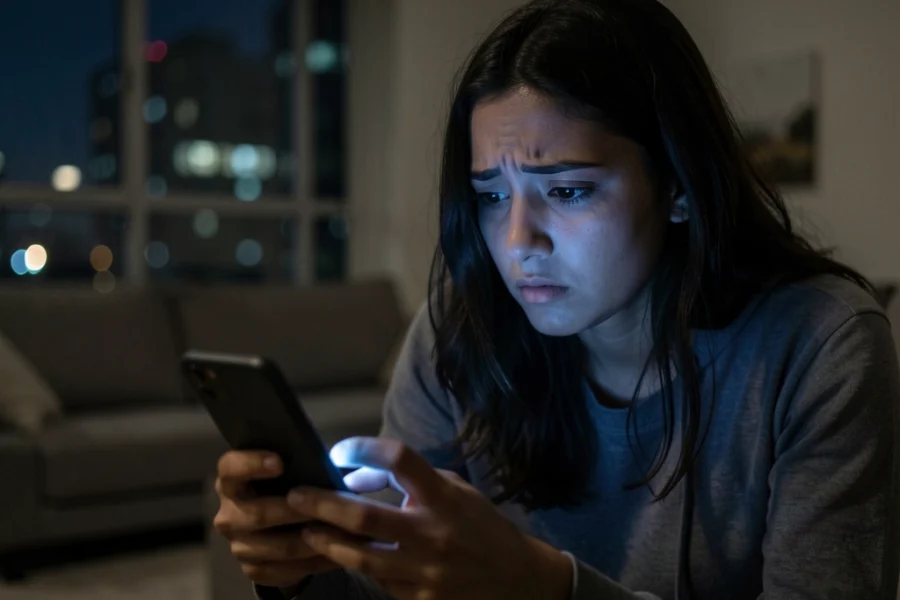 Mulher jovem sentada no escuro com o rosto iluminado pela luz do celular, expressando ansiedade.