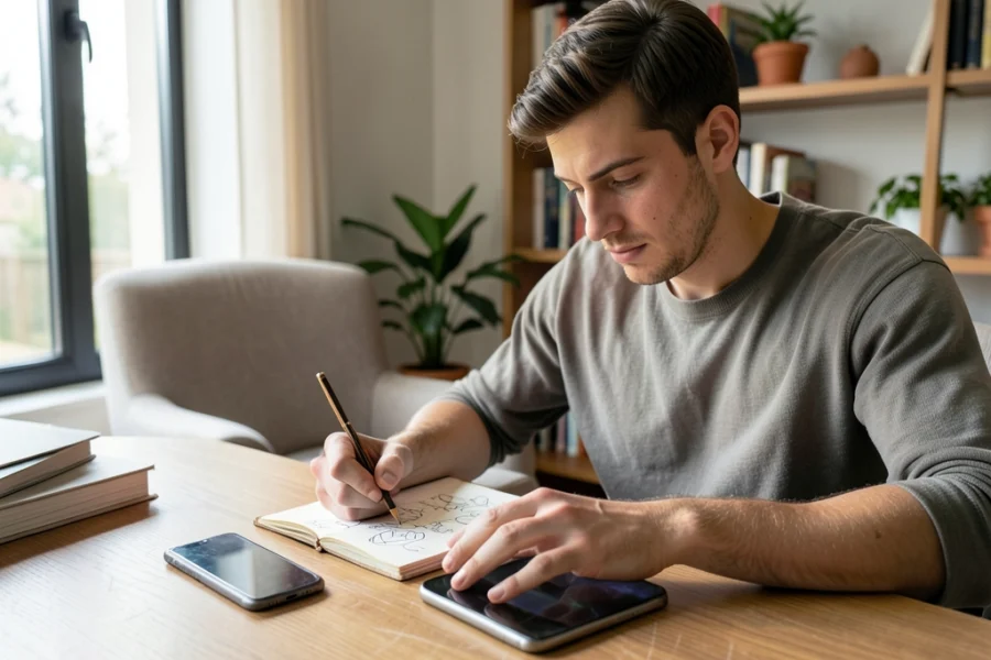 Homem jovem concentrado desenhando em um caderno, com o celular longe de seu alcance.