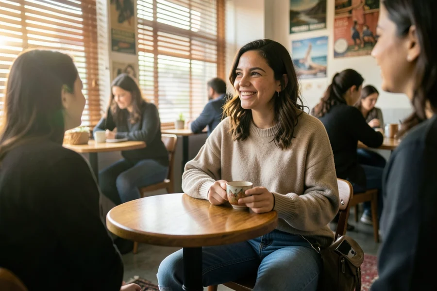 Mulher jovem conversando e sorrindo em um café, focada na conexão real e não no celular.