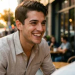 Homem jovem sorrindo espontaneamente em um ambiente urbano durante o pôr do sol, preparando-se para iniciar uma conversa.