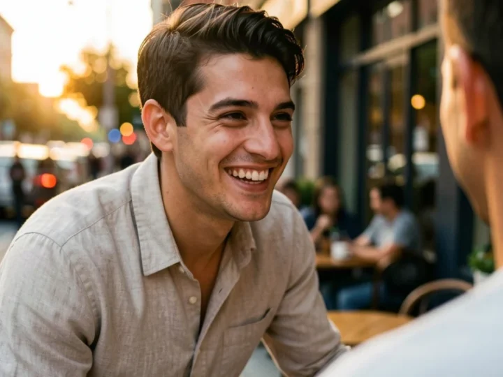 Homem jovem sorrindo espontaneamente em um ambiente urbano durante o pôr do sol, preparando-se para iniciar uma conversa.