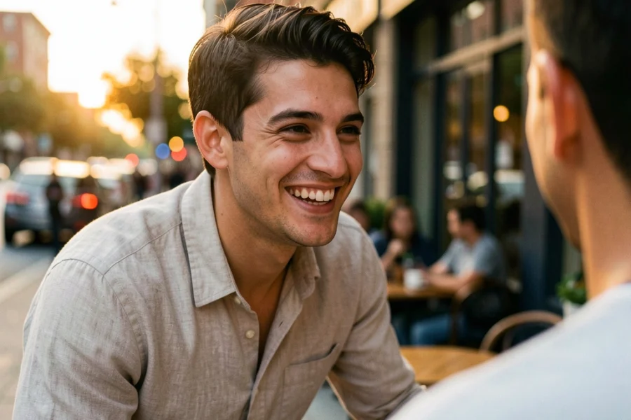 Homem jovem sorrindo espontaneamente em um ambiente urbano durante o pôr do sol, preparando-se para iniciar uma conversa.