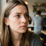 Mulher jovem de 28 anos com expressão pensativa em um café moderno.