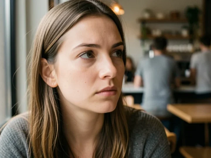 Mulher jovem de 28 anos com expressão pensativa em um café moderno.