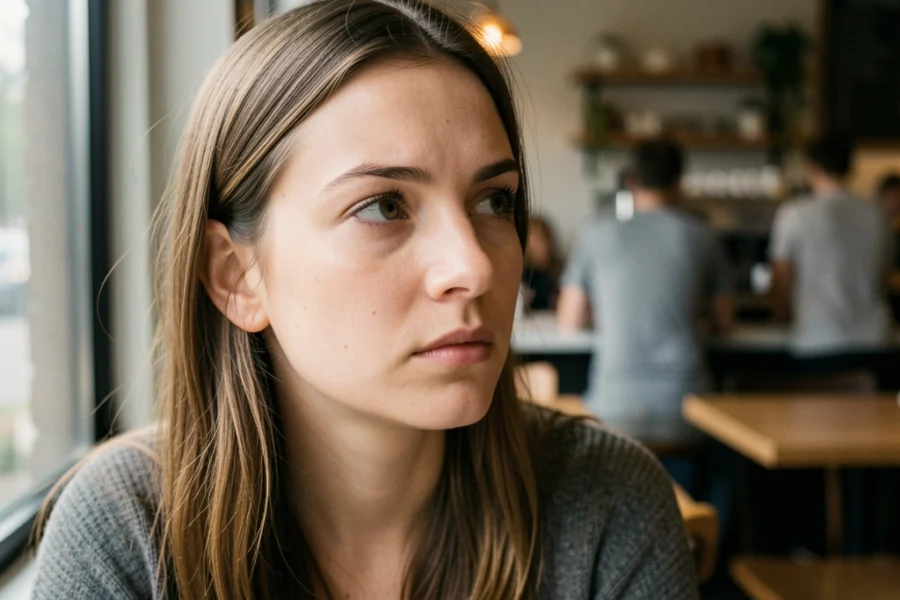 Mulher jovem de 28 anos com expressão pensativa em um café moderno.