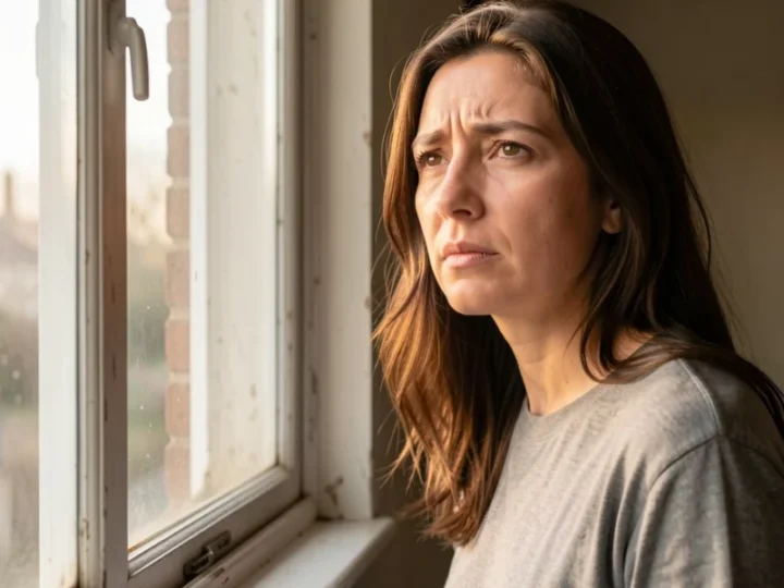 Mulher olhando pela janela com expressão de alívio e força, representando o recomeço após sair de um relacionamento difícil.