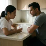 Casal de classe média em uma cozinha moderna, sentados próximos mas emocionalmente distantes, demonstrando tensão silenciosa.
