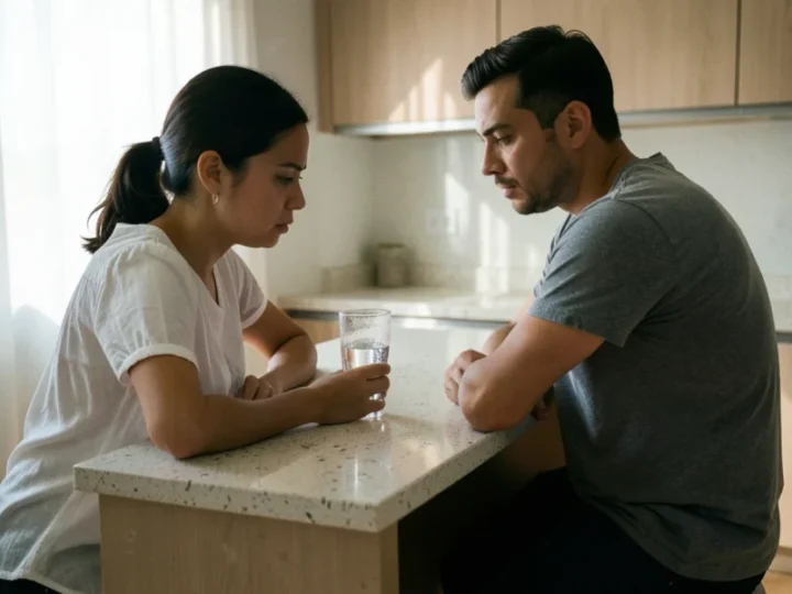 Casal de classe média em uma cozinha moderna, sentados próximos mas emocionalmente distantes, demonstrando tensão silenciosa.