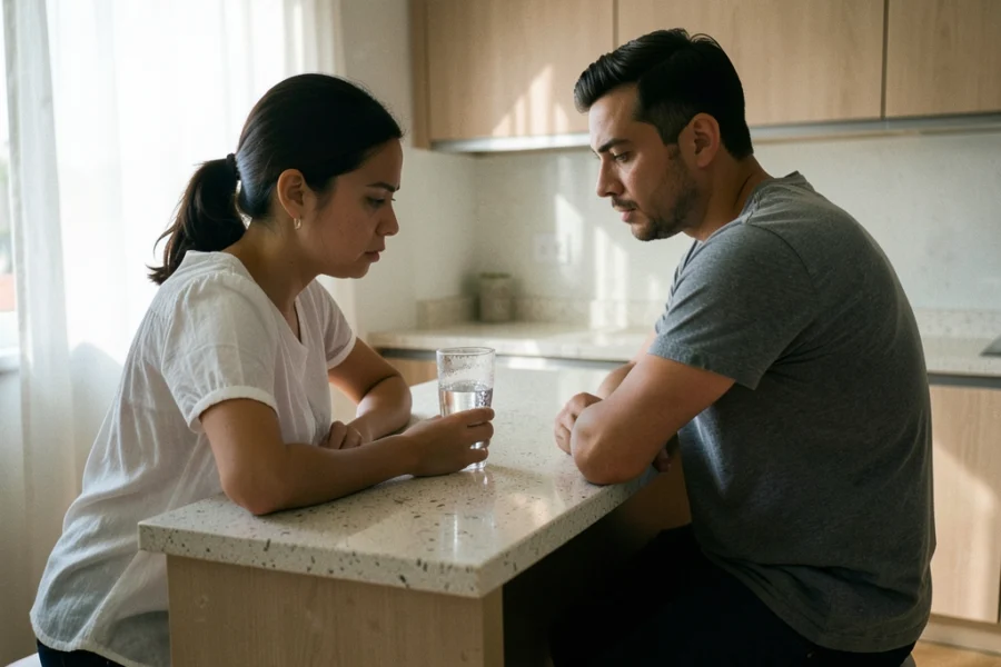 Casal de classe média em uma cozinha moderna, sentados próximos mas emocionalmente distantes, demonstrando tensão silenciosa.