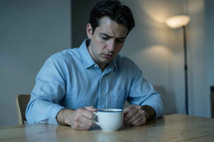 Homem de 40 anos sentado sozinho à mesa em um apartamento moderno, com expressão de saudade e reflexão.