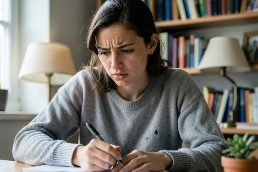 Mulher de 38 anos escrevendo em um caderno em seu escritório doméstico, demonstrando foco e emoção contida.
