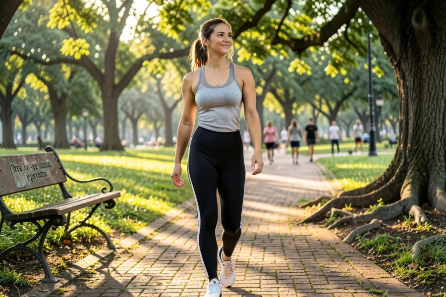 Mulher de 42 anos caminhando decidida em um parque ensolarado, simbolizando a reconstrução da identidade.