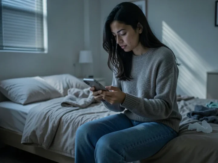 Mulher jovem sentada na cama em um quarto escuro, hesitando em usar o celular.