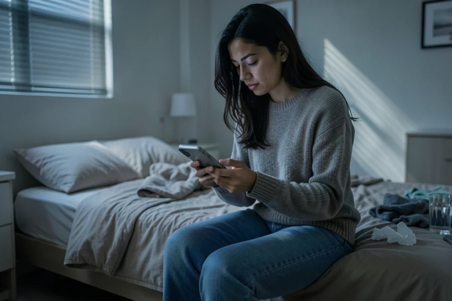 Mulher jovem sentada na cama em um quarto escuro, hesitando em usar o celular.