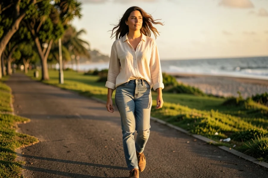 Mulher jovem caminhando com confiança e tranquilidade em um ambiente aberto ao pôr do sol.