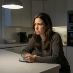 Mulher de 30 anos sentada sozinha em uma cozinha moderna, com expressão de vazio e melancolia.