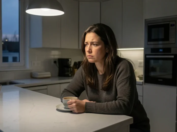 Mulher de 30 anos sentada sozinha em uma cozinha moderna, com expressão de vazio e melancolia.