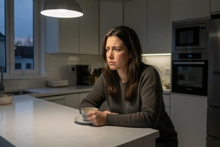 Mulher de 30 anos sentada sozinha em uma cozinha moderna, com expressão de vazio e melancolia.